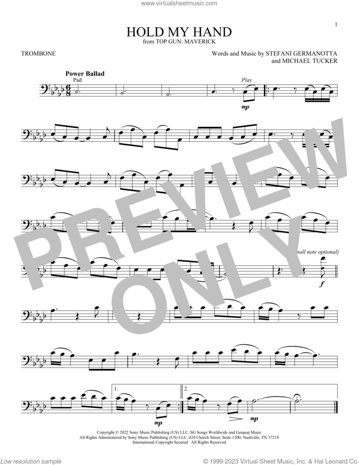 Hold My Hand (from Top Gun: Maverick) sheet music for trombone solo by Lady Gaga and Michael Tucker p/k/a BloodPop, intermediate skill level