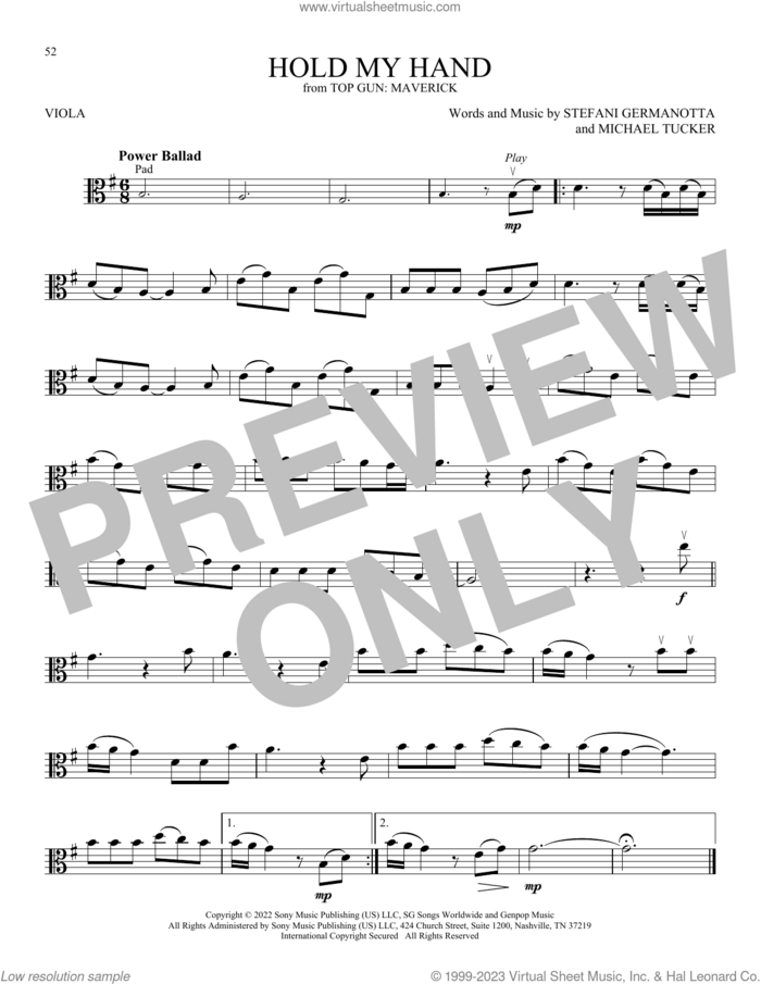 Hold My Hand (from Top Gun: Maverick) sheet music for viola solo by Lady Gaga and Michael Tucker p/k/a BloodPop, intermediate skill level