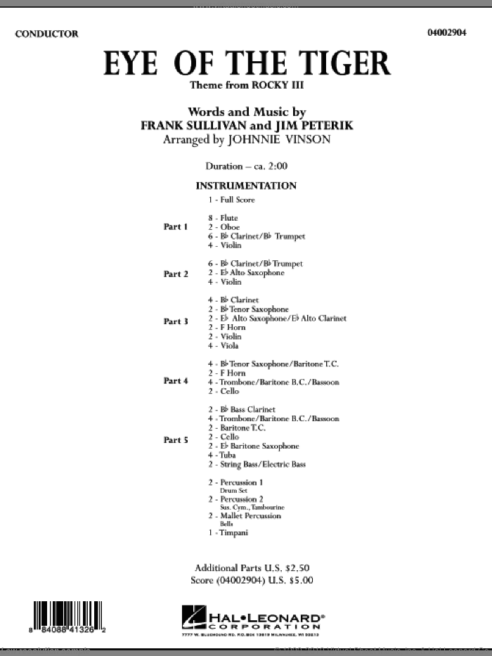 Eye Of The Tiger (COMPLETE) sheet music for concert band by Johnnie Vinson, Frank Sullivan, Jim Peterik and Survivor, intermediate skill level
