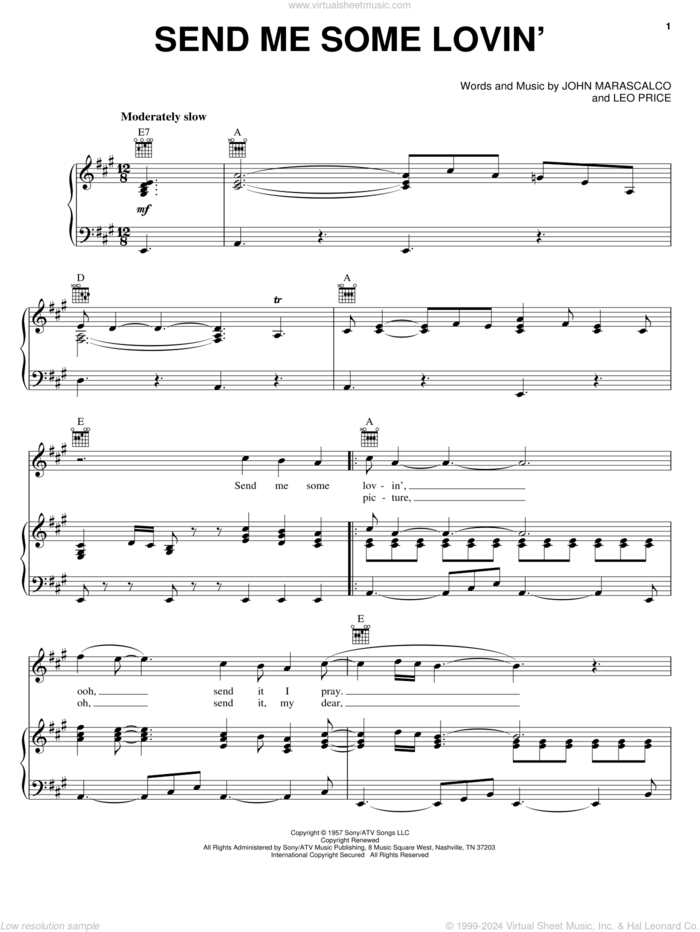 Send Me Some Lovin' sheet music for voice, piano or guitar by Little Richard, Sam Cooke, John Marascalco and Leo Price, intermediate skill level