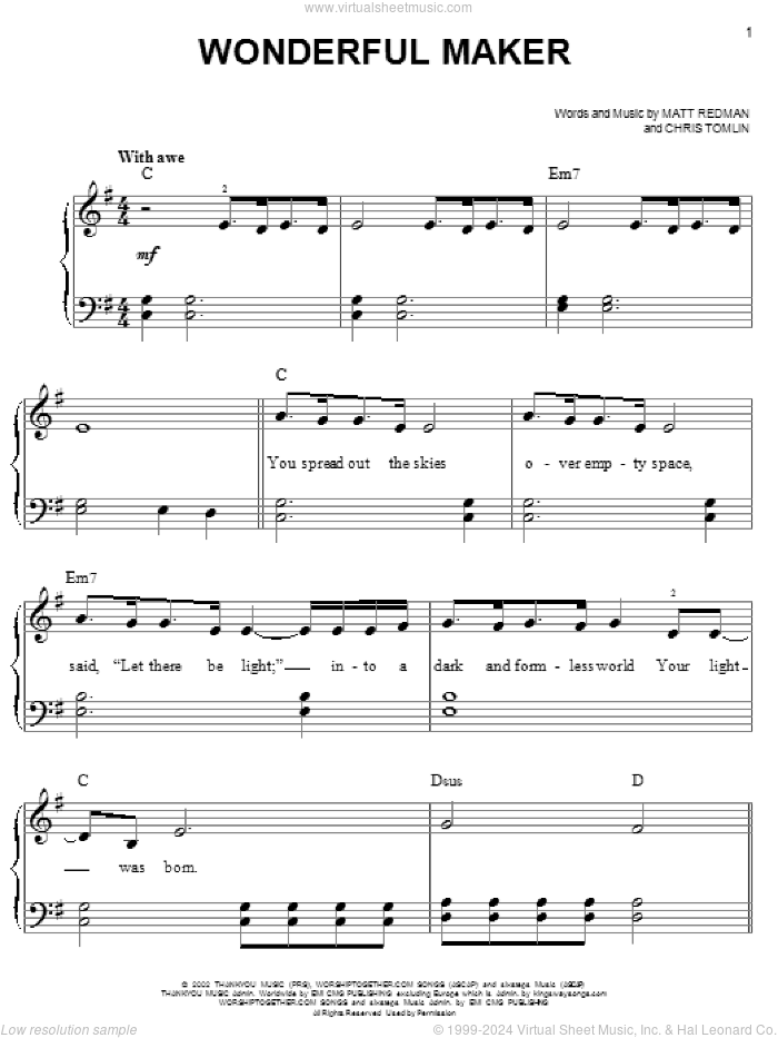Wonderful Maker sheet music for piano solo by Chris Tomlin and Matt Redman, easy skill level
