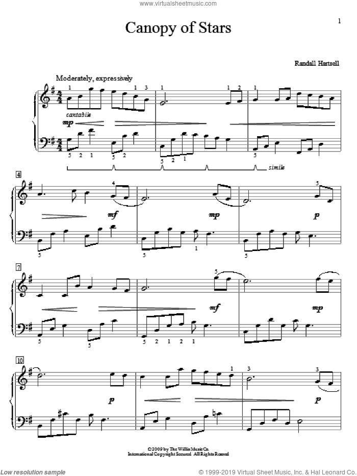 Canopy Of Stars sheet music for piano solo (elementary) by Randall Hartsell, beginner piano (elementary)