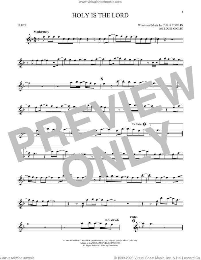 Holy Is The Lord sheet music for flute solo by Chris Tomlin and Louie Giglio, intermediate skill level