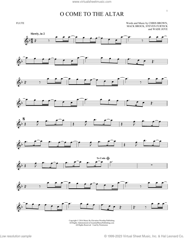 O Come To The Altar sheet music for flute solo by Elevation Worship, Chris Brown, Mack Brock, Steven Furtick and Wade Joye, intermediate skill level