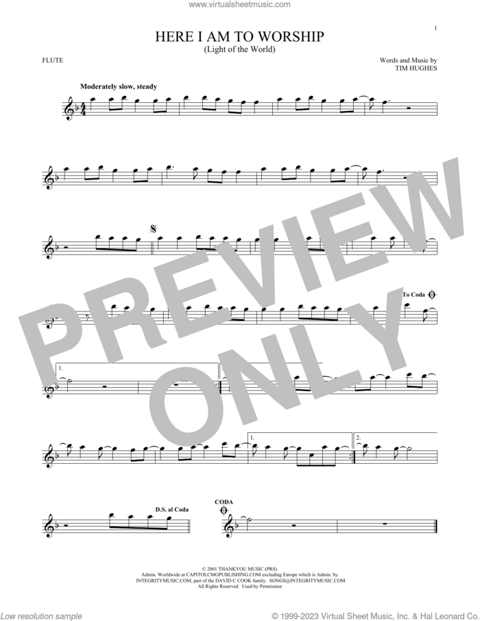 Here I Am To Worship (Light Of The World) sheet music for flute solo by Phillips, Craig & Dean and Tim Hughes, intermediate skill level