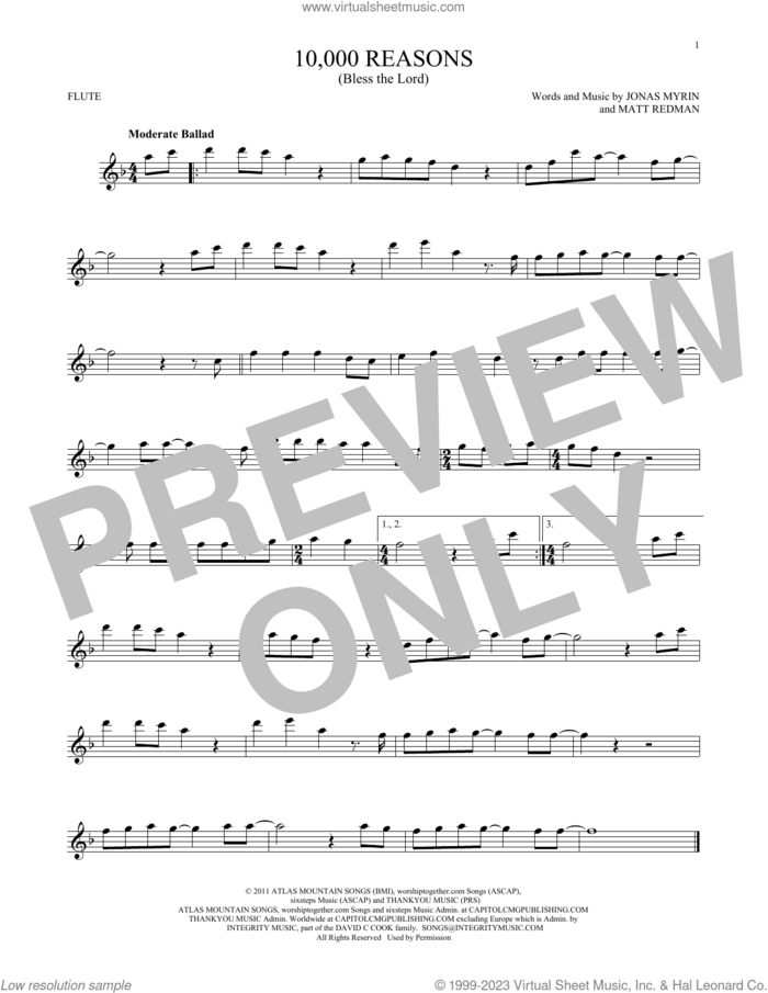 10,000 Reasons (Bless The Lord) sheet music for flute solo by Matt Redman and Jonas Myrin, intermediate skill level