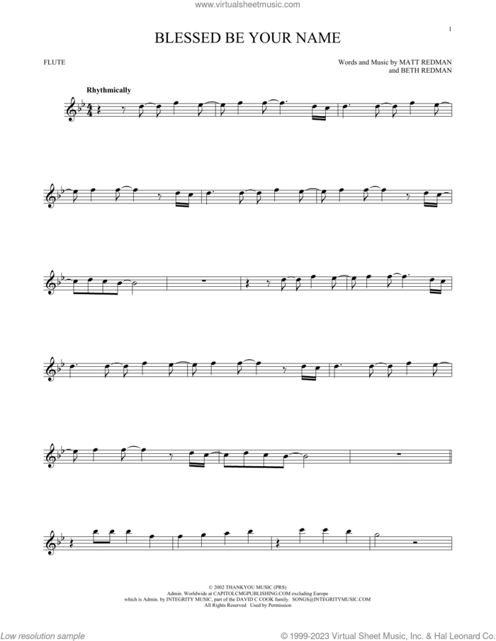 Blessed Be Your Name sheet music for flute solo by Matt Redman and Beth Redman, intermediate skill level