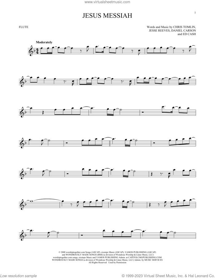 Jesus Messiah sheet music for flute solo by Chris Tomlin, Daniel Carson, Ed Cash and Jesse Reeves, intermediate skill level