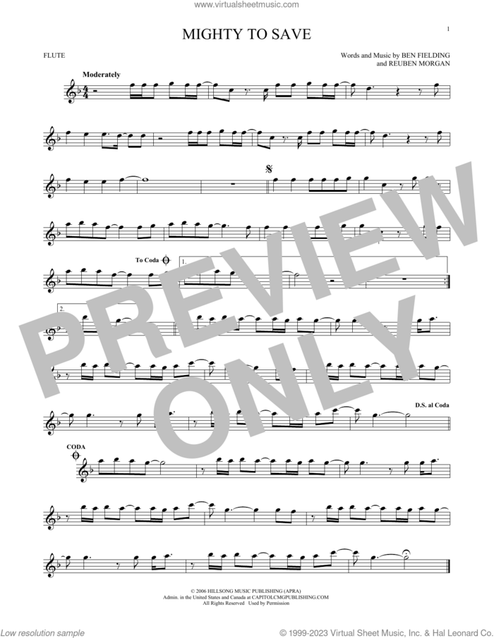 Mighty To Save sheet music for flute solo by Hillsong Worship, Ben Fielding and Reuben Morgan, intermediate skill level
