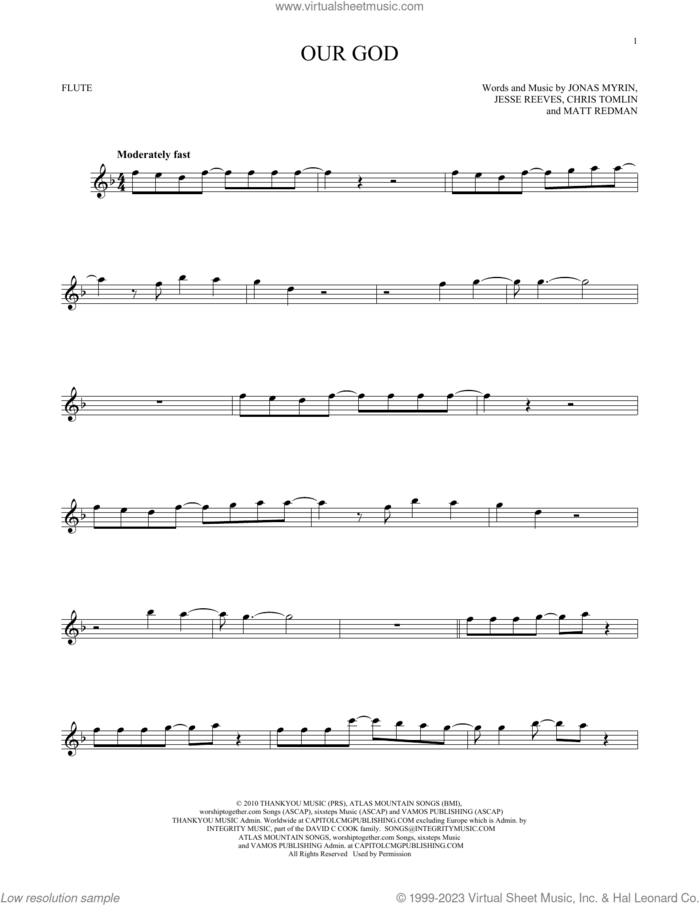 Our God sheet music for flute solo by Chris Tomlin, Jesse Reeves, Jonas Myrin and Matt Redman, intermediate skill level