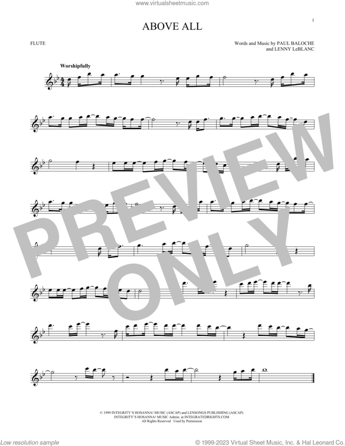 Above All sheet music for flute solo by Paul Baloche and Lenny LeBlanc, intermediate skill level