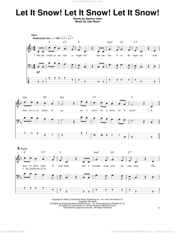 Let It Snow! Let It Snow! Let It Snow! sheet music for bass (tablature) (bass guitar) by Sammy Cahn and Jule Styne, intermediate skill level