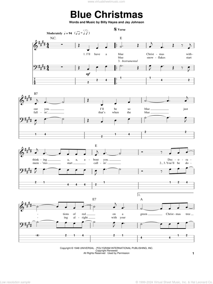 Blue Christmas sheet music for bass (tablature) (bass guitar) by Elvis Presley, Billy Hayes and Jay Johnson, intermediate skill level