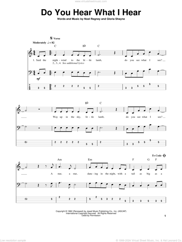 Do You Hear What I Hear sheet music for bass (tablature) (bass guitar) by Gloria Shayne and Noel Regney, intermediate skill level