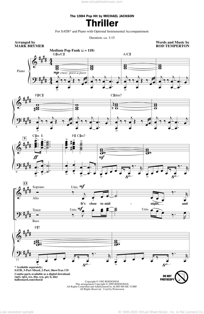 Thriller sheet music for choir (SATB: soprano, alto, tenor, bass) by Rod Temperton, Mark Brymer and Michael Jackson, intermediate skill level
