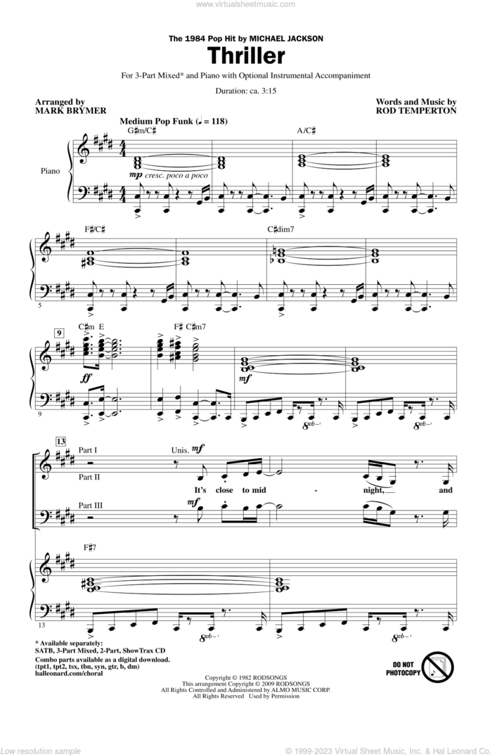 Thriller sheet music for choir (3-Part Mixed) by Mark Brymer, Rod Temperton and Michael Jackson, intermediate skill level