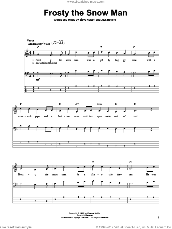 Frosty The Snow Man sheet music for bass (tablature) (bass guitar) by Gene Autry, Jack Rollins and Steve Nelson, intermediate skill level