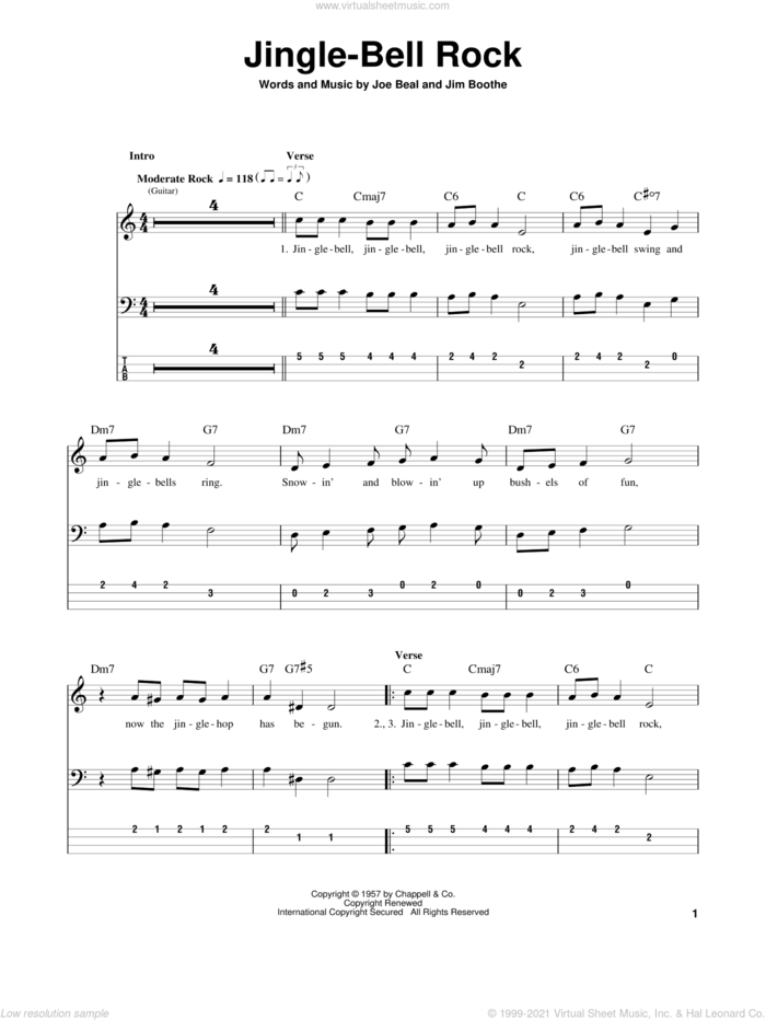 Jingle-Bell Rock sheet music for bass (tablature) (bass guitar) by Bobby Helms, Jim Boothe and Joe Beal, intermediate skill level