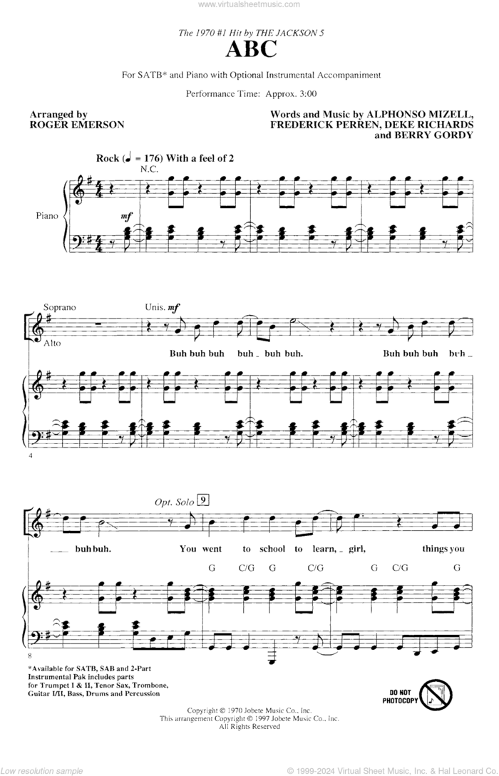 ABC (arr. Roger Emerson) sheet music for choir (SATB: soprano, alto, tenor, bass) by Berry Gordy, Alphonso Mizell, Deke Richards, Frederick Perren, Roger Emerson and The Jackson 5, intermediate skill level