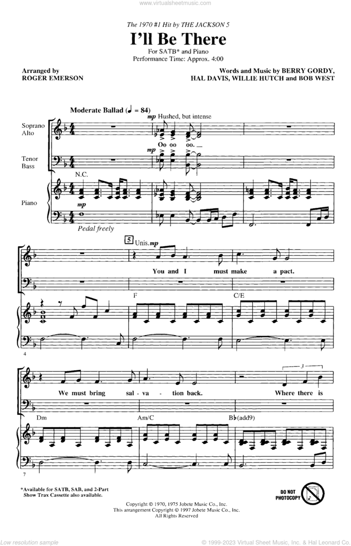I'll Be There sheet music for choir (SATB: soprano, alto, tenor, bass) by Berry Gordy, Bob West, Hal Davis, Willie Hutch, Michael Jackson, Roger Emerson and The Jackson 5, intermediate skill level