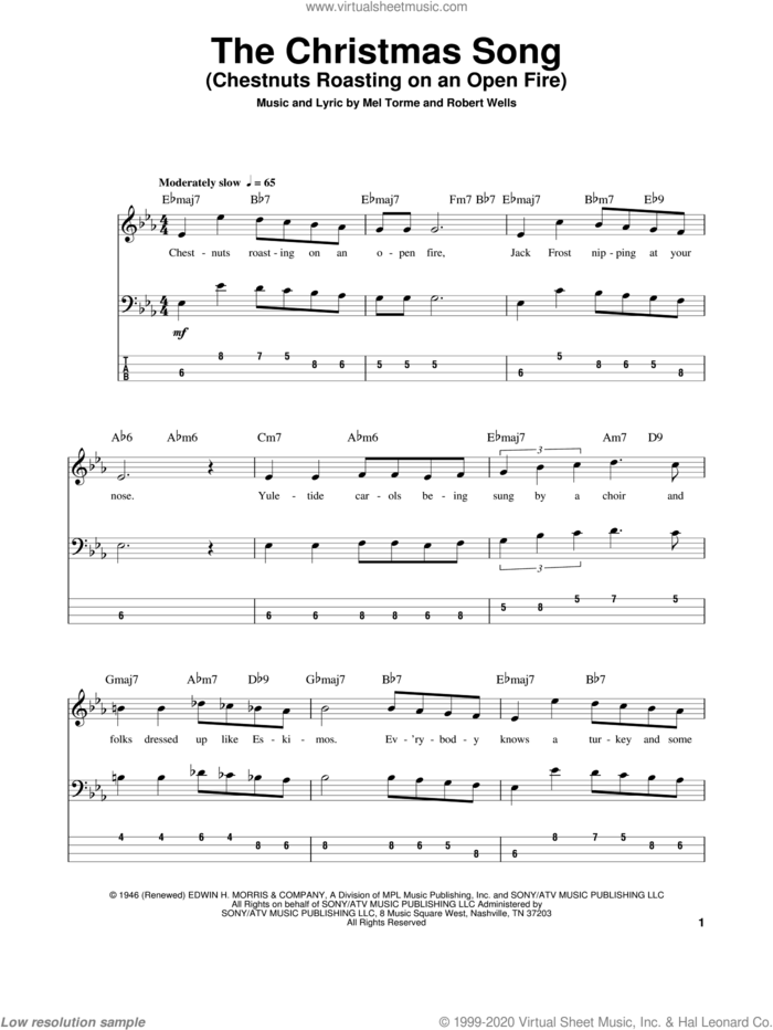 The Christmas Song (Chestnuts Roasting On An Open Fire) sheet music for bass (tablature) (bass guitar) by Mel Torme and Robert Wells, intermediate skill level