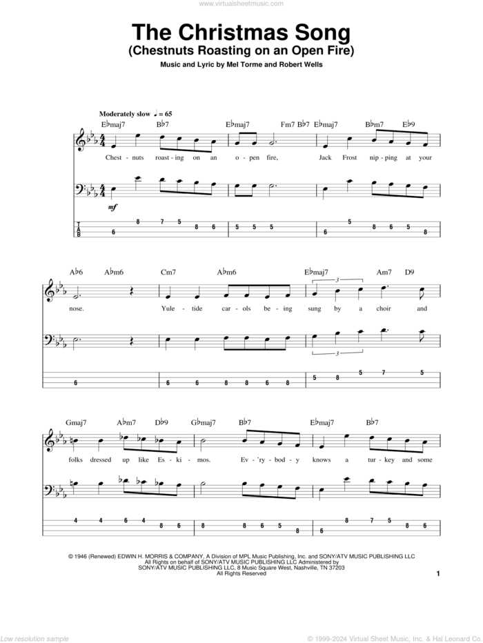 The Christmas Song (Chestnuts Roasting On An Open Fire) sheet music for bass (tablature) (bass guitar) by Mel Torme and Robert Wells, intermediate skill level