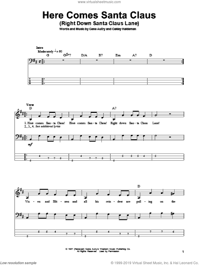 Here Comes Santa Claus (Right Down Santa Claus Lane) sheet music for bass (tablature) (bass guitar) by Gene Autry and Oakley Haldeman, intermediate skill level