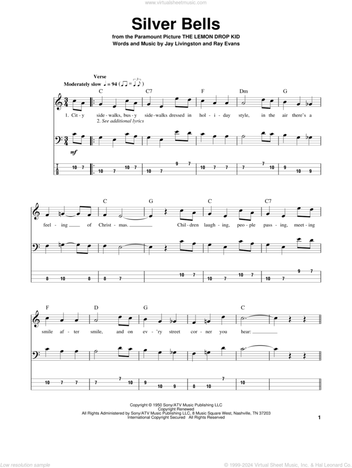 Silver Bells sheet music for bass (tablature) (bass guitar) by Jay Livingston and Ray Evans, intermediate skill level