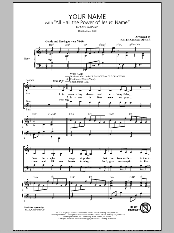 Your Name (with All Hail The Power Of Jesus' Name) sheet music for choir (SATB: soprano, alto, tenor, bass) by Paul Baloche, Glenn Packiam and Keith Christopher, intermediate skill level