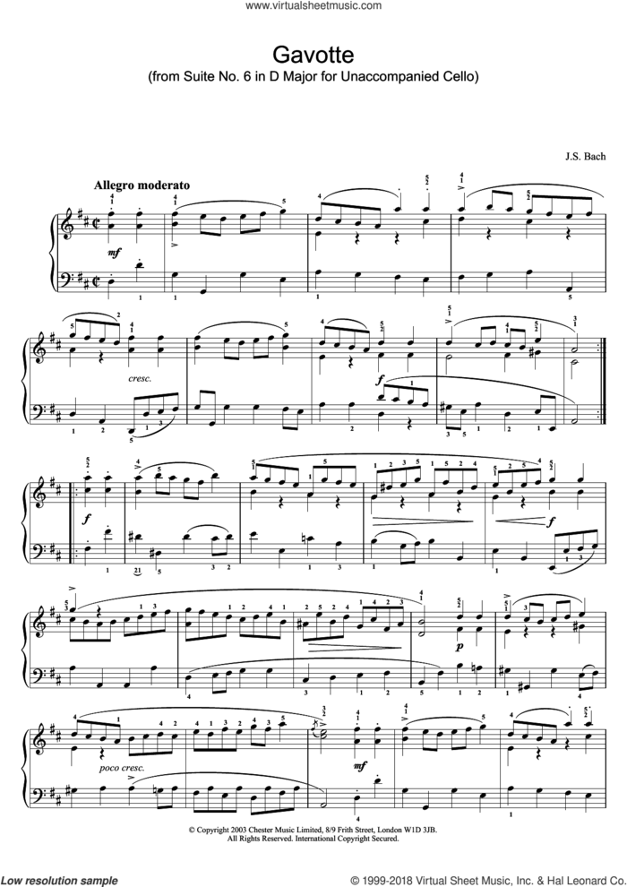 Gavotte (from Suite No. 6 in D Major for Unaccompanied Cello) sheet music for piano solo by Johann Sebastian Bach, classical score, intermediate skill level