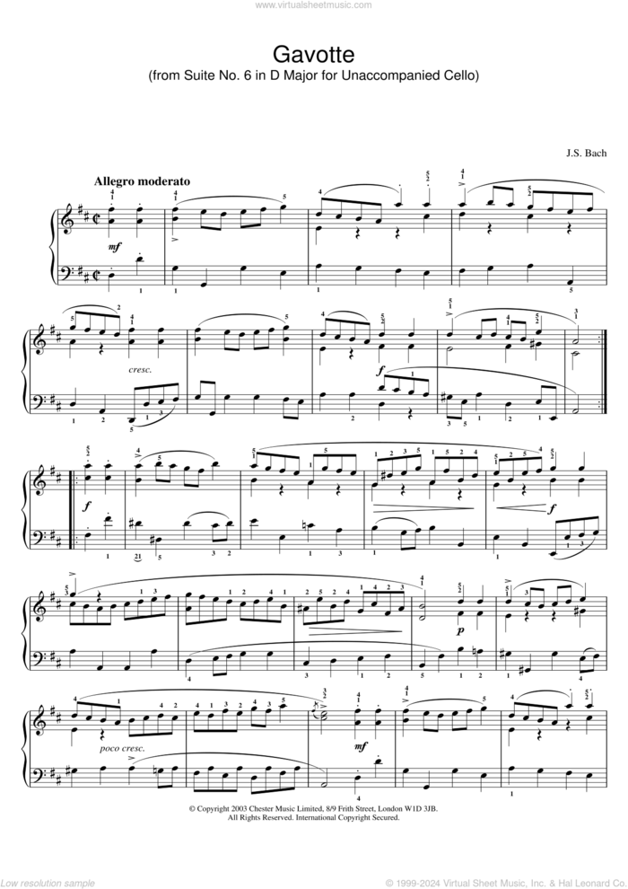 Gavotte (from Suite No. 6 in D Major for Unaccompanied Cello) sheet music for piano solo by Johann Sebastian Bach, classical score, intermediate skill level