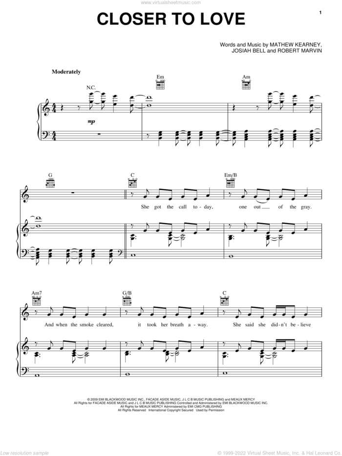 Closer To Love sheet music for voice, piano or guitar by Mat Kearney, Josiah Bell, Mathew Kearney and Robert Marvin, intermediate skill level