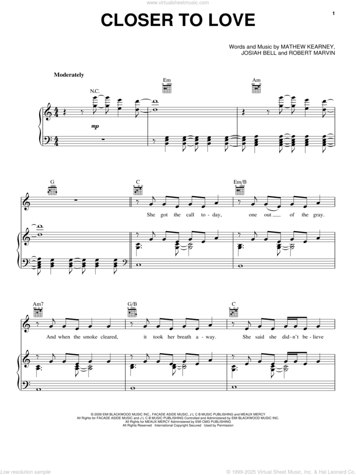 Closer To Love sheet music for voice, piano or guitar by Mat Kearney, Josiah Bell, Mathew Kearney and Robert Marvin, intermediate skill level