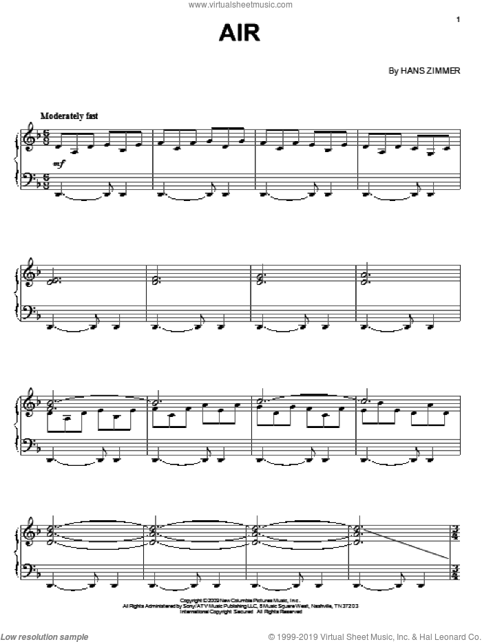 Air sheet music for piano solo by Hans Zimmer and Angels & Demons (Movie), intermediate skill level