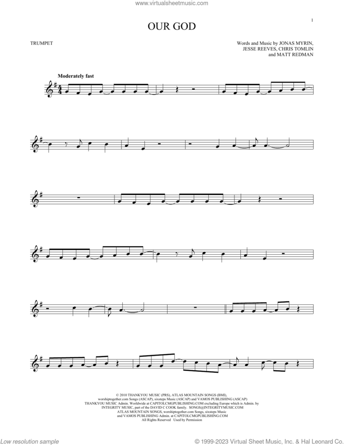 Our God sheet music for trumpet solo by Chris Tomlin, Jesse Reeves, Jonas Myrin and Matt Redman, intermediate skill level