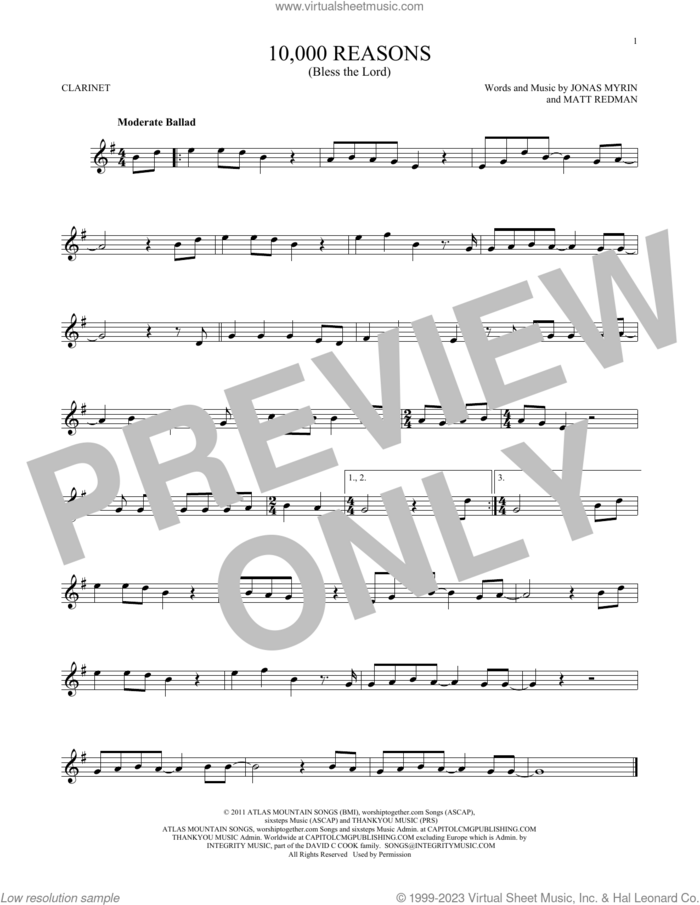 10,000 Reasons (Bless The Lord) sheet music for clarinet solo by Matt Redman and Jonas Myrin, intermediate skill level