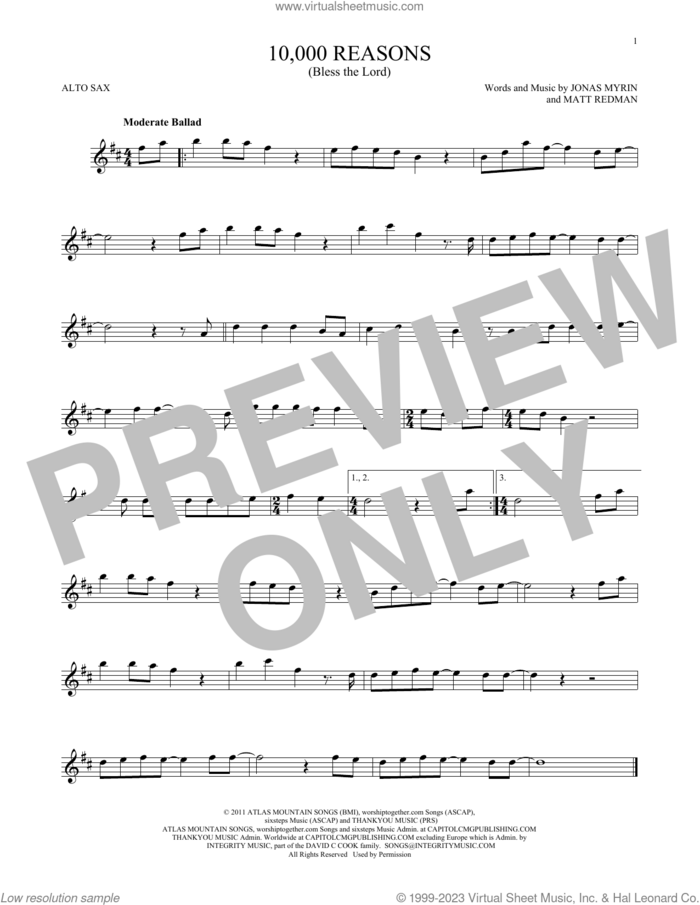 10,000 Reasons (Bless The Lord) sheet music for alto saxophone solo by Matt Redman and Jonas Myrin, intermediate skill level