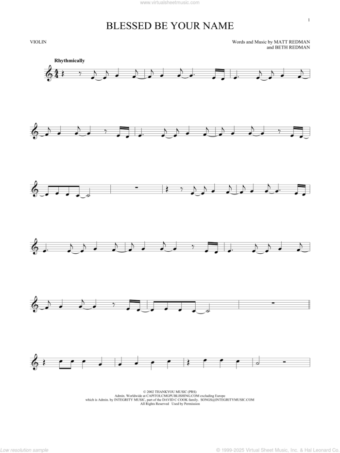 Blessed Be Your Name sheet music for violin solo by Matt Redman and Beth Redman, intermediate skill level