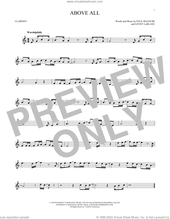 Above All sheet music for clarinet solo by Paul Baloche, Rebecca St. James and Lenny LeBlanc, intermediate skill level