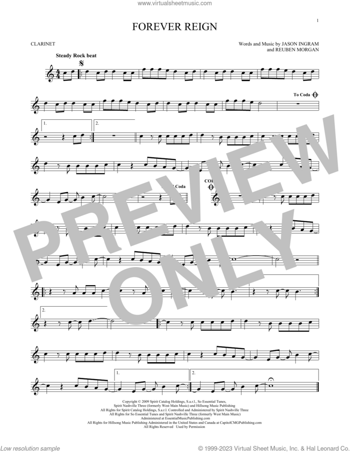 Forever Reign sheet music for clarinet solo by Hillsong Worship, Jason Ingram and Reuben Morgan, intermediate skill level