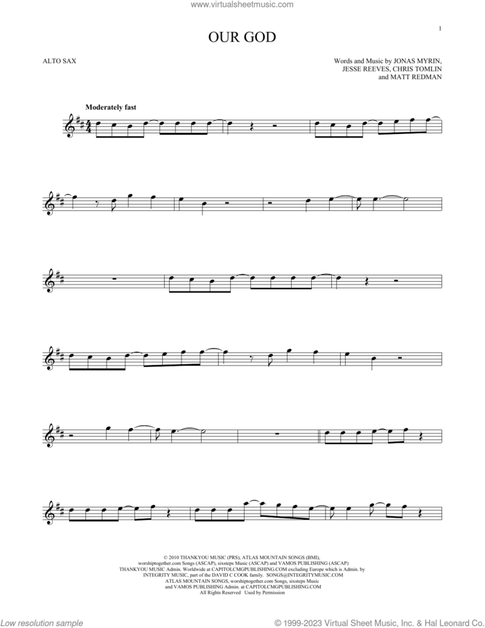 Our God sheet music for alto saxophone solo by Chris Tomlin, Jesse Reeves, Jonas Myrin and Matt Redman, intermediate skill level
