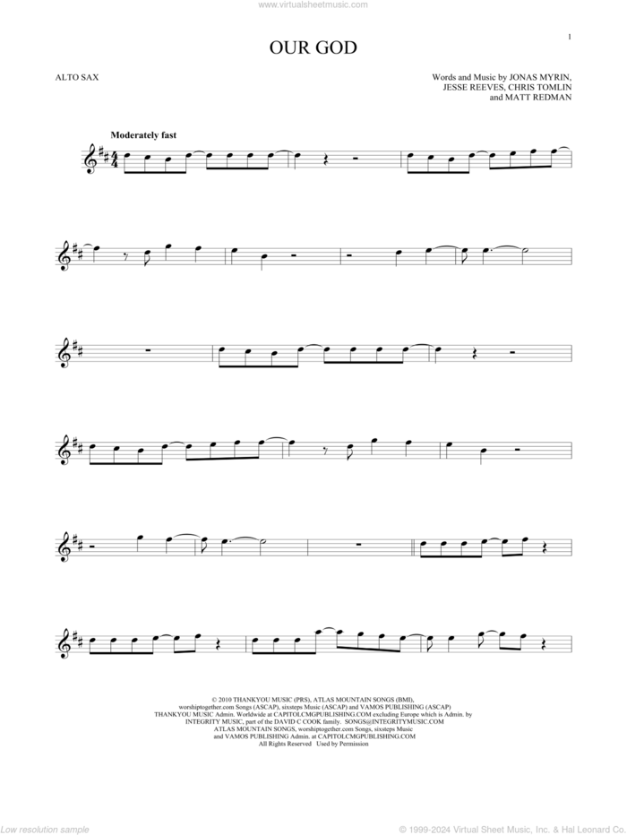 Our God sheet music for alto saxophone solo by Chris Tomlin, Jesse Reeves, Jonas Myrin and Matt Redman, intermediate skill level