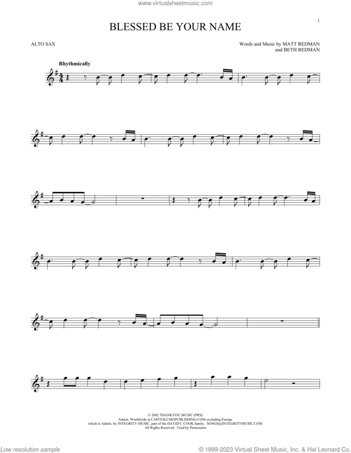 Blessed Be Your Name sheet music for alto saxophone solo by Matt Redman and Beth Redman, intermediate skill level