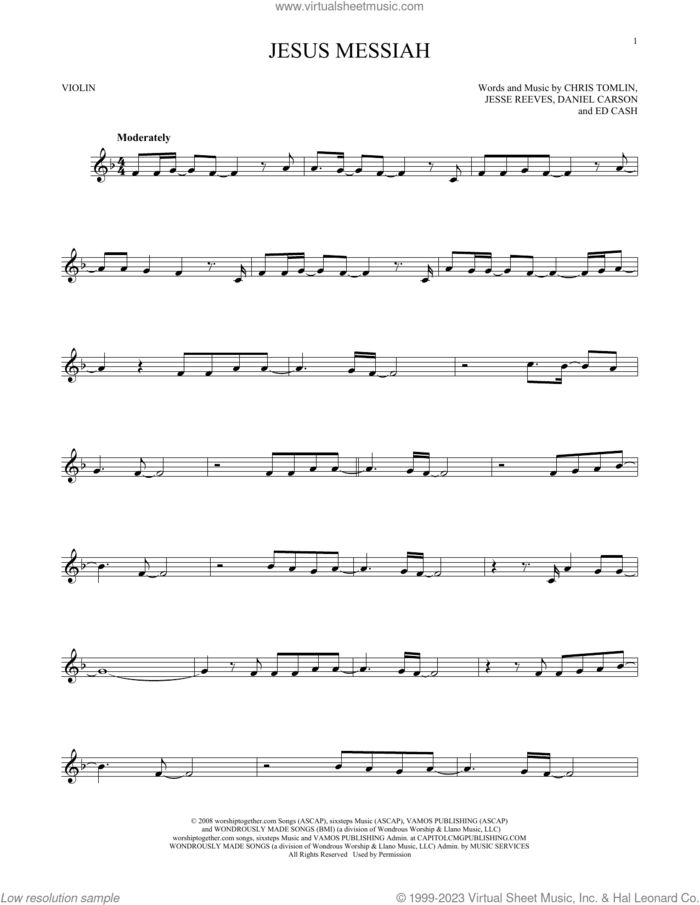 Jesus Messiah sheet music for violin solo by Chris Tomlin, Daniel Carson, Ed Cash and Jesse Reeves, intermediate skill level
