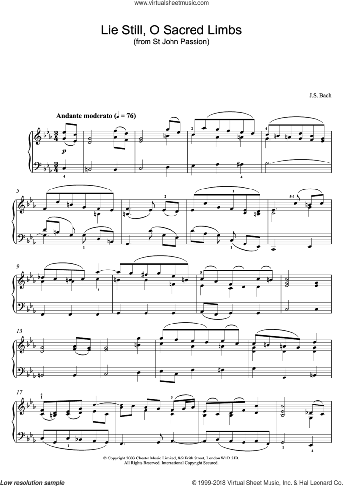 Lie Still, O Sacred Limbs (from St John Passion) sheet music for piano solo by Johann Sebastian Bach, classical score, intermediate skill level