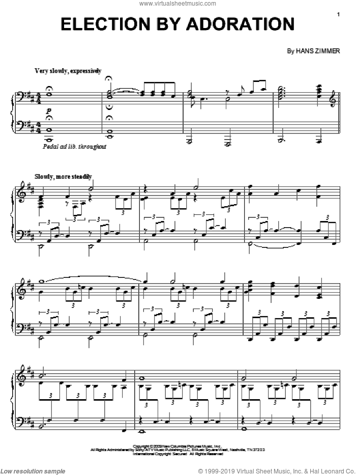 Election By Adoration sheet music for piano solo by Hans Zimmer and Angels & Demons (Movie), intermediate skill level