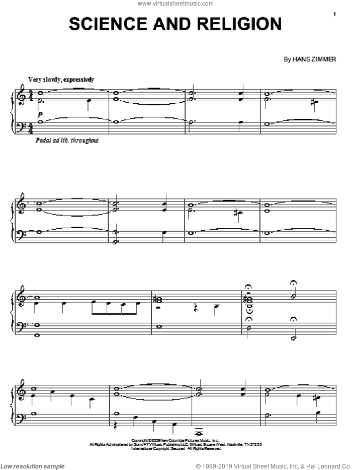 Science And Religion sheet music for piano solo by Hans Zimmer and Angels & Demons (Movie), intermediate skill level