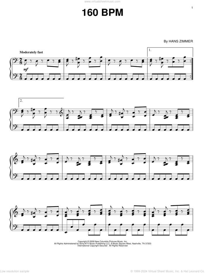 160 BPM sheet music for piano solo by Hans Zimmer and Angels & Demons (Movie), intermediate skill level