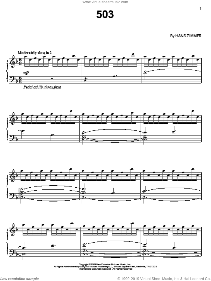 503 sheet music for piano solo by Hans Zimmer and Angels & Demons (Movie), intermediate skill level