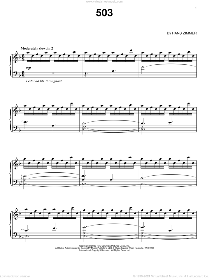 503 sheet music for piano solo by Hans Zimmer and Angels & Demons (Movie), intermediate skill level